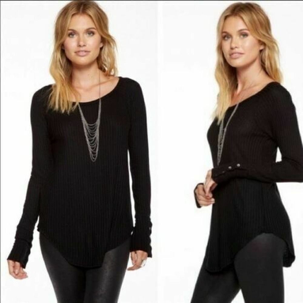 New‎ Chaser Womens Black Thermal Waffle Knit Button Cuff Shirt Top Sz XS